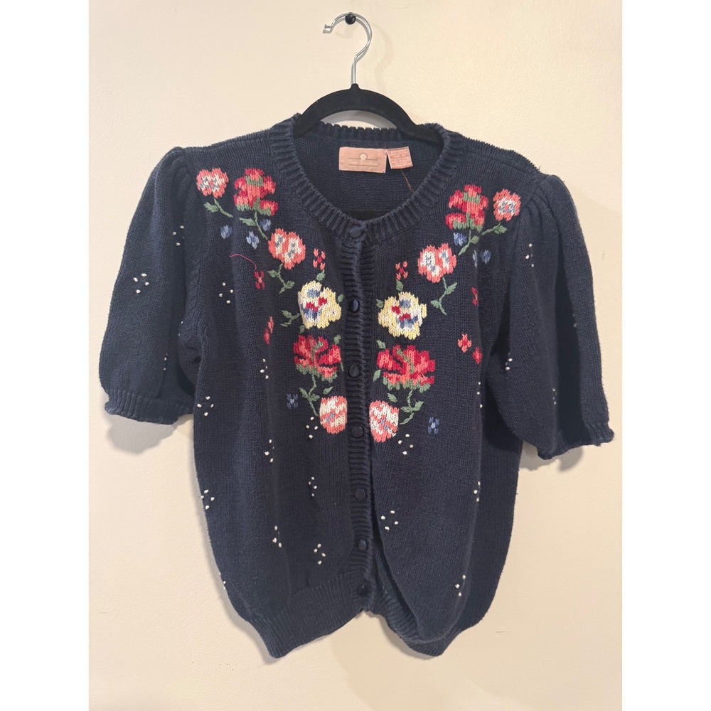 Classic Directions Navy Floral Embroidered Cardigan Romantic Cottagecore Grandma